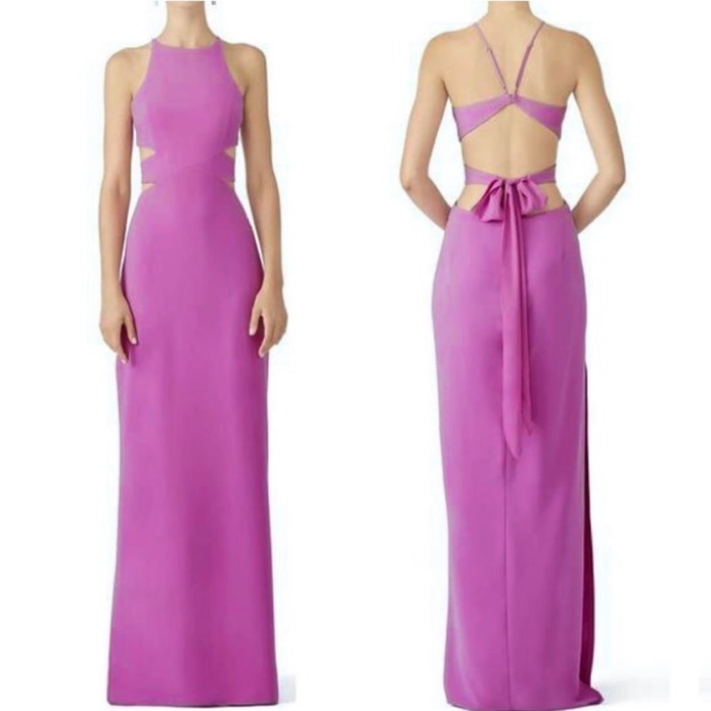 Halston Heritage Orchid Purple Cut Out High Neck Tie Open Back Maxi Gown Dress